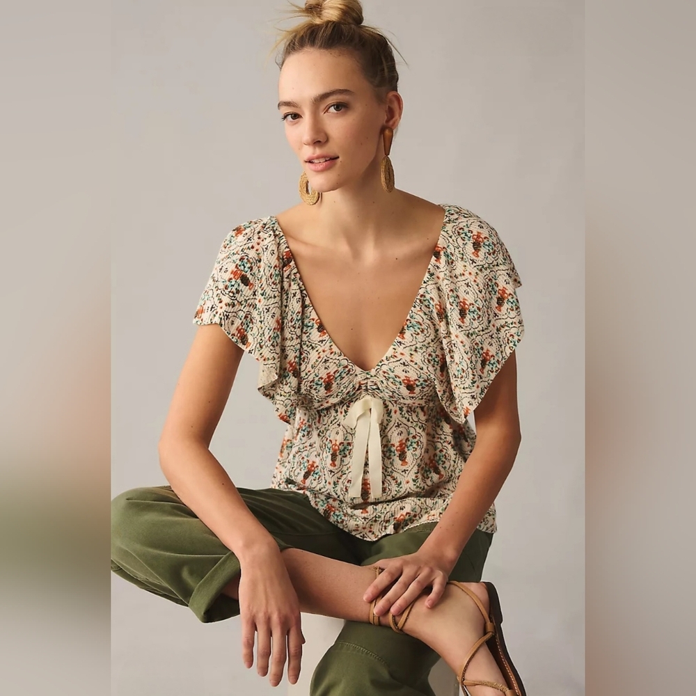 Anthropologie Cream Floral Tie-Front Blouse
